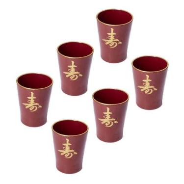 Imagem de Jogo De Copos Saquê 6 Peças Com Ideograma Japonês Vermelho - AC