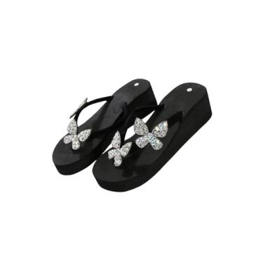 Imagem de WDIRARA Chinelo feminino com plataforma de strass brilhante sandália tipo tanga com flores, Borboleta preta, 37