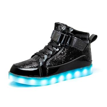 Imagem de IGxx Tênis de cano alto com luz LED – Recarregável, Brilhante, Piscando Sapatos para Homens, Mulheres e Crianças, Glitter preto, 8 Women/7 Men