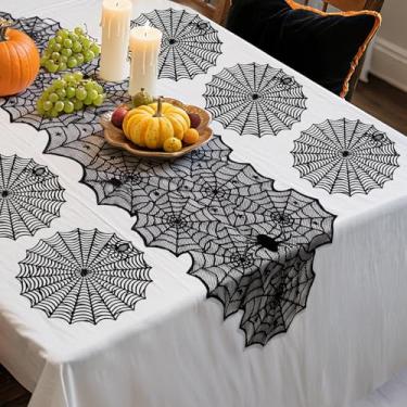 Imagem de Conjunto de 5 peças de jogo americano de 38 cm de teia de aranha de 38 cm e corredores de mesa de teia de aranha de renda preta redondos com isolamento térmico para jantar e festa assustadora de