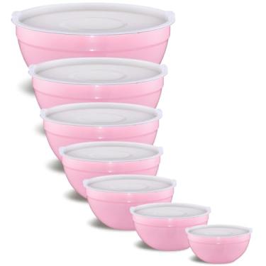Imagem de Onlycooker Tigelas de mistura rosa com tampas herméticas, tigela de aço inoxidável, tigelas de salada, tigela de 7 peças, acessórios de cozinha rosa, tamanho 7, 3,6, 2,7, 2,1, 1,5, 1,1, 0,8 litros