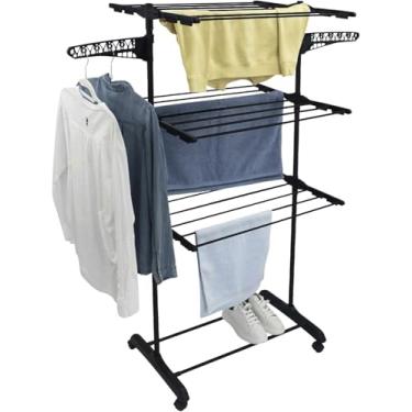 Imagem de Varal de Chão Dobrável 3 Andares em Aço Inox - Design 2025, Reforçado e Mais Resistente - Varal de Roupas Vertical Grande com Varetas e Abas Retrátil/Cor Preto