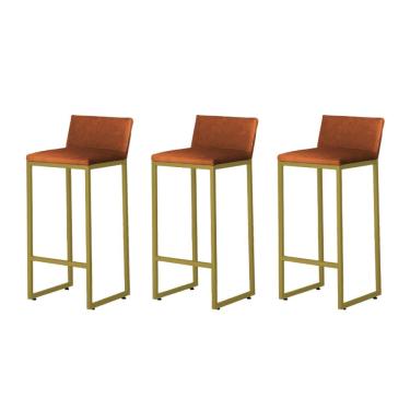 Imagem de Kit 3 Banquetas Alta Dani Reforçada Decorativa Balcão Bancada Cozinha Bar Base Dourada Courino