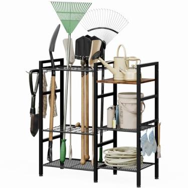 Imagem de YUJSBHJAN Organizador de ferramentas de jardim para garagem, rack de ferramentas de jardim de 3 níveis com 8 ganchos, até 35 ferramentas/ancinhos/vassouras, suporte de ferramentas de garagem de aço