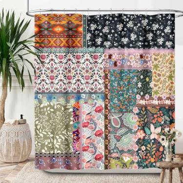 Imagem de Lnepty Cortina de chuveiro Boho patchwork, primavera floral colorida flores silvestres fazenda país retrô tema floral cortina de banheiro tecido impermeável lavável na máquina com ganchos, 182 x 182