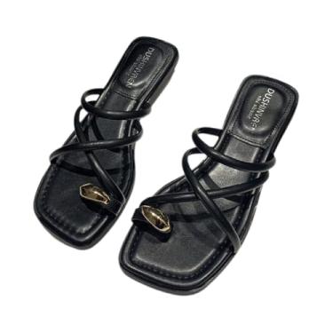 Imagem de LOVEHEYNEW Sandália feminina de couro com tiras de metal na ponta do pé deslizante moderna confortável bico quadrado aberto chinelo de salto baixo casual verão casual diário praia chinelo, Preto, 35