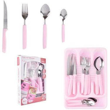Imagem de Conjunto De Talheres Com Porta Talher Rosa 25 Peças
