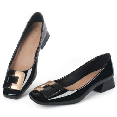 Imagem de VYKF Sapato social feminino de couro baixo grosso salto bloco confortável bico quadrado sapato social sapato feminino escritório, Preto, 41