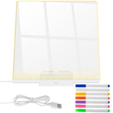 Imagem de Quadro de acrílico apagável a seco com luz, quadro apagável a seco com suporte ajustável, quadro de mensagens de LED com memorando brilhante, quadro de notas de LED com 7 canetas coloridas, para