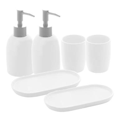 Imagem de Kit Banheiro 3 Peças Londres em Cerâmica Branco e Prateado Dispenser Porta-Escovas e Saboneteira