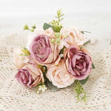 Imagem de Flores artificiais de peônia de seda, buquê de rosas, decoração de casa e natal, arranjos florais falsos para casamento, jardim, guirlanda, acessórios para festa faça você mesmo (café claro)