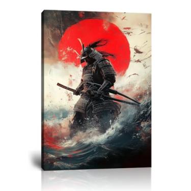 Imagem de chenchenArt Samurai japonês arte de parede para sala de estar quarto decoração de casa armadura Samurai imagem pôster impressão em tela arte moderna emoldurada pronta para pendurar (61 cm L x 91 cm A)