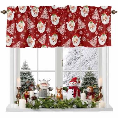 Imagem de Cortina de Natal para janelas, Papai Noel, árvore de Natal, com bolso para varão, tratamentos de janela, floco de neve, vermelho, cortinas curtas para cozinha, janelas, banheiro, quarto, 137 x 45 cm