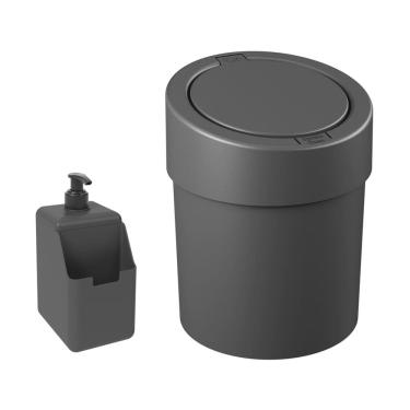 Imagem de Kit Cozinha Dispenser Porta Detergente Lixeira Tampa Click 5,4L grafite - Coza