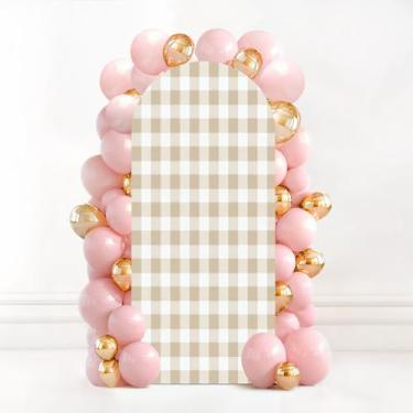 Imagem de Capa de fundo de arco de casamento de 1,8 m bege, guingão, sem costura, pastel, xadrez, bege, branco, para elastano com suporte redondo para decoração de festa de aniversário, chá de bebê, banquete