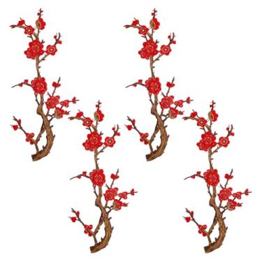 Imagem de HOBBIESAY 4 peças costuradas em bordado floral bordado renda decote remendos apliques de flores vermelhas acessórios decorativos de artesanato costura ameixa tecido patch para roupas 21 x 40 cm