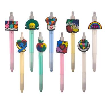 Imagem de XIANFANG 10 canetas de conscientização Autis m coloridas com contas focais de silicone, canetas esferográficas multicoloridas, tinta preta, necessidades especiais, lembrancinhas de festa, trabalho
