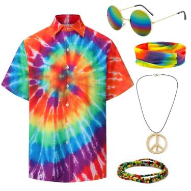 Imagem de Gionforsy Fantasia hippie para homens e mulheres dos anos 60 anos 70 acessórios de fantasia tie dye camisa colar da paz para festa de Halloween (arco-íris, 3GG)