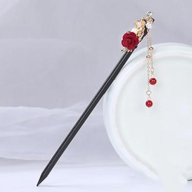 Imagem de Grampo de cabelo vintage com borla de flor de madeira antigo grampo de cabelo fantasia Hanfu chinês acessórios de cabelo grampos de cabelo
