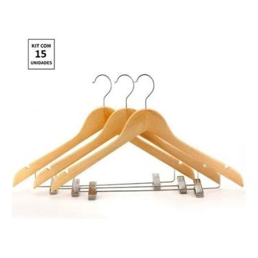 Imagem de Kit 15X Cabides De Madeira Com Presilha Verniz Marfim Roupa