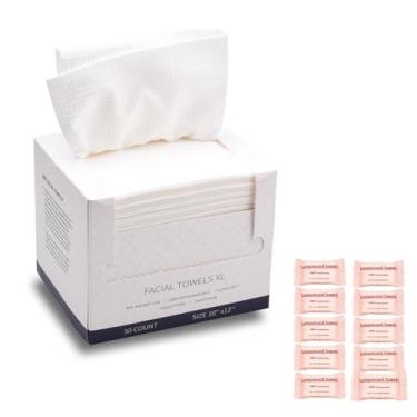 Imagem de Toalhas de rosto descartáveis para lavagem de rosto, 50 unidades, extra grande, 25,4 x 30,5 cm, toalhas faciais secas de 80 g/m², inclui 10 máscaras faciais comprimidas, sem fiapos, panos de limpeza