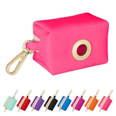 Imagem de Didog Suporte de saco de cocô de cachorro de nylon colorido com ilhós de metal e clipe mosquetão, zíper liso, inclui 1 rolo de 15 sacos, rosa