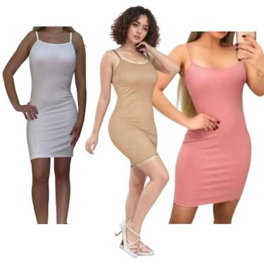 Imagem de KIT C/3 Vestidos Alcinha Canelado - Emporio J, Branco, Areia, Rose, Un