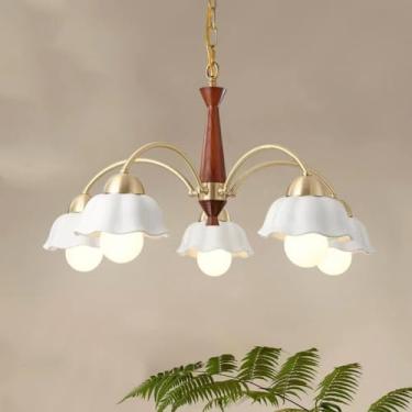 Imagem de Lustre moderno de 3 luzes de meados do século, vidro branco, luz pendente de madeira, dourado, Sputnik, floral, flor, lustre para meninas, quarto, sala de estar, sala de jantar, cozinha, hal