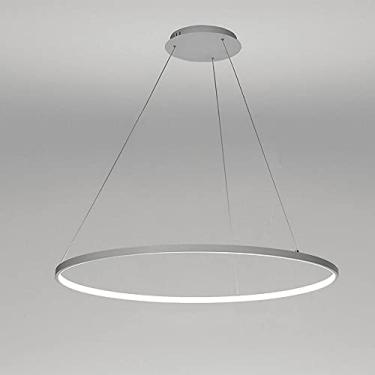 Imagem de Luminária pendente LED circular em anel, lustre moderno de acrílico e metal com altura ajustável para sala de estar, quarto, mesa de jantar, branco + 3 cores de luz - 80 cm, 50 W