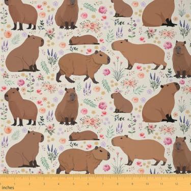 Imagem de Erosebridal Tecido Capivara Impermeável para Meninas, Florais Cercam o Tecido Capivara por Quintal, Tecidos Decorativos de Animais Roedores Fofos, Ramos e Florais, Decoração Interior Externa, 1 Jardim