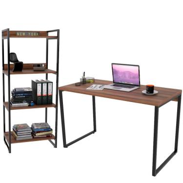 Imagem de Kit Mesa Para Escritório com Estante 4 Prateleiras Industrial Form C01 120 cm Nogal - Lyam Decor