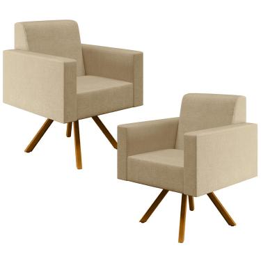 Imagem de Kit 02 Poltronas Decorativa Giratória Base de Madeira Helô L02 Linho Bege Escuro - Lyam Decor