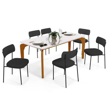 Imagem de Mesa De Jantar Capri 160cm Off White Nature Com 6 Cadeiras Melina B05 Linho Grafite - Lyam Decor