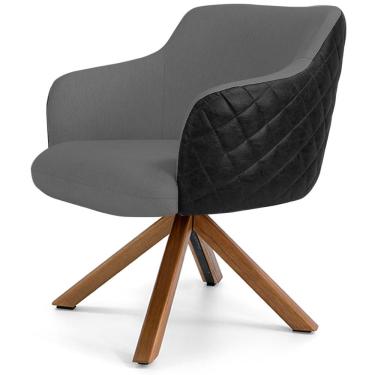 Imagem de Poltrona Base Giratória de Madeira Jade D02 Linho Cinza C-416 Tressê Corano Preto - Lyam Decor