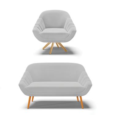 Imagem de Kit 01 Namoradeira 02 Lugares e 01 Poltrona Giratória Giovana Suede Cinza Base Madeira MA30 - D'Rossi