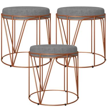 Imagem de Kit 03 Puffs Decorativo Aramado Bronze Zaya L02 Linho Cinza Escuro - Lyam Decor