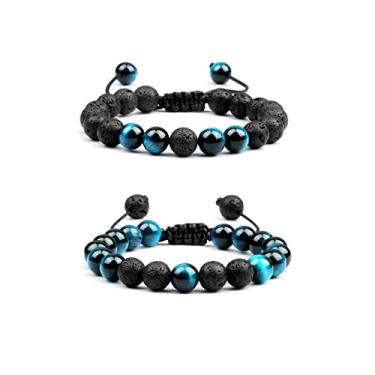 Imagem de Pulseiras de pulso para homens, mulheres, 8 mm, olho de tigre, pedra vulcânica, presentes relaxantes para homens e mulheres, pulseira ajustável para alívio de estresse, ansiedade, aromaterapia, difusor de óleo essencial, pulseiras de pedra vulcânica para homens, adjustable, Olho de tigre azul e pedr