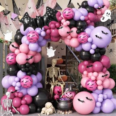 Imagem de Halloween Balloon Arch Kit 102Pcs Hot Pink Purple Black Balloon Garland with Halloween Bat Foil Rose Red Balloons for Trick or Treat Day of the Dead Spooky Boo Ghost Haunted House Party Decorations