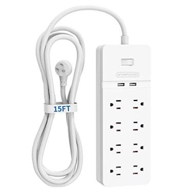 Imagem de Flat Plug Extension Cord 15Ft - NTONPOWER 8 Outlets Surge Protector Power Strip with 2 USB, Overload Protection, 1080 Joules, ETL Listed, 15A/1850W, Wall Mountable for Home Office and Workbench, White