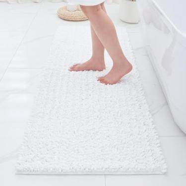 Imagem de ILANGO Tapetes de banheiro brancos 70 x 24, tapetes de banho de chenille absorventes extramacios, tapete de banho grosso, antiderrapante, felpudo, lavável na máquina, tapetes de banho de secagem