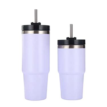 Imagem de Com tampa e canudo, isolamento térmico de aço inoxidável de 590 ml a vácuo com palha, caneca de café de viagem, copo de vácuo reutilizável para chá de bolhas, smoothie, suco (branco)