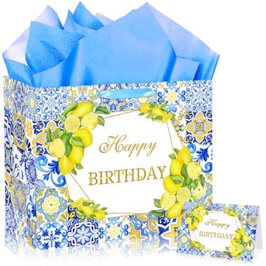 Imagem de JORHANCE Sacos de presente da Costa Amalfitana com papel de seda e cartão de aniversário, design grande de limão Capri para papel de embrulho, decorações de festa da Costa Amalfitana, decorações de