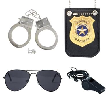 Imagem de QPCOS Kit de encenação de policial chapéu algemas óculos de sol, acessórios de fantasia de policial para festa de Halloween, 4 peças, M