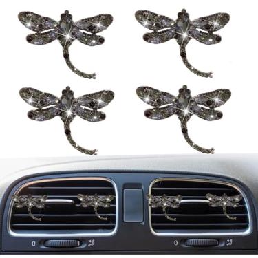 Imagem de 4 peças de clipes de ventilação de purificador de ar libélula cristal de strass brilhante, acessórios de clipes de ventilação de purificadores de ar de carro, difusor de carro recarregável, decoração