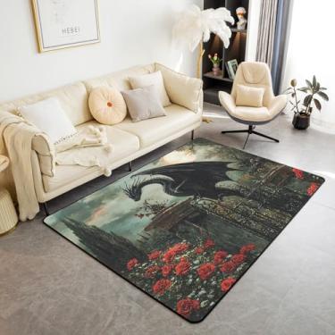 Imagem de Erosebridal Tapete de dragão 3D 12 x 18 cm, tapete de piso interno Loong Wildlife para crianças, meninos, homens, tapete retangular, tapete decorativo floral rosa vermelha fantasia para sala de estar