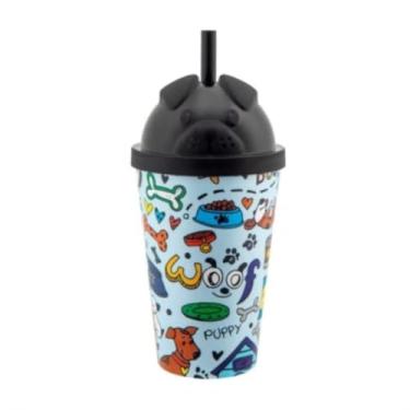 Imagem de Copo Infantil com Canudo e Com Tampa em 3D Animais Personalizados Bebidas Sucos Refrigerantes Água Leite 350ml Estampado (Pug Cachorro)