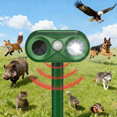 Imagem de Repelente de animais ultrassônico atualizado, repelente de gatos movido a energia solar ao ar livre, dissuasor de veados com movimento piscante de LED, sensor e som, repelente de pássaros à prova