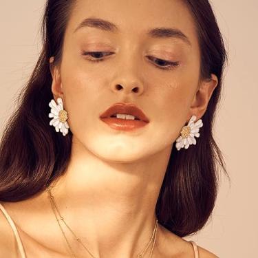 Imagem de Brincos de pressão de ouro para mulheres, modernos, brincos com pingente de flor, brincos florais, banhados a ouro 14 K, brincos leves, standard, Liga de aço, Sem pedra preciosa