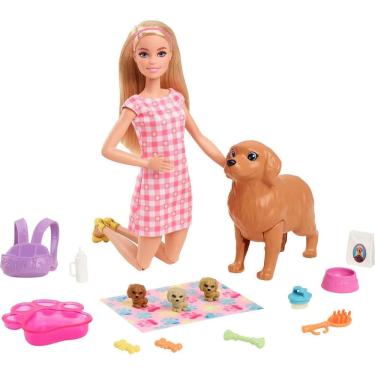 Imagem de Boneca Barbie e animais de estimação, filhotes recém-nascidos com boneca loira e acessórios