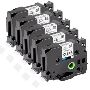 Imagem de TZe 131 TZ 12 mm 0,47 Fita de etiqueta transparente laminada TZe-131 Substituição para Brother Label Maker Tape Clear TZe131 Tze Label, preto sobre transparente para Brother PT-D210 PT-H110 PT-D220